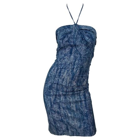 NWT 1980s Vintage Denim Trompe l'oeil Cotton Blue Jean Abstract 80s Halter Dress For Sale at 1stDibs