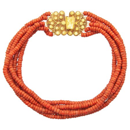 Handcraft Antique 14 Karat Yellow Gold Sicily Coral Choker Necklace For Sale at 1stDibs