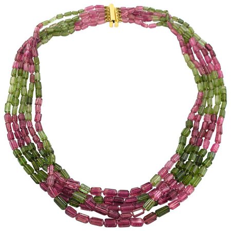 Jona Pink and Green Tourmaline 18 Karat Gold Five Strand Necklace