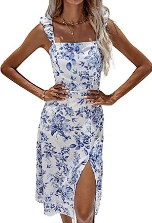 SOLY HUX Women Summer Floral Square Neck Ruffle Slit Corset Fitted Midi Dress at Amazon Women’s Clothing store