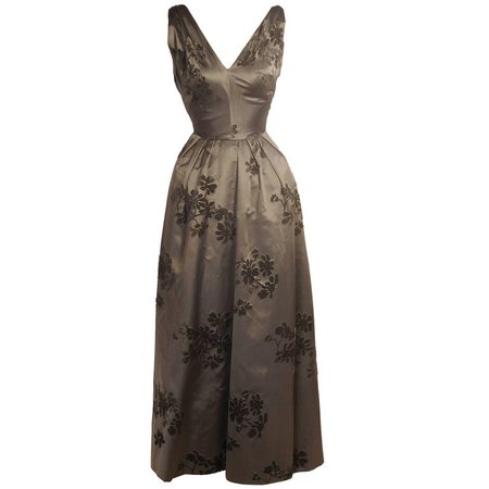 1950's Dior Inspired Charcoal Grey Silk Satin Gown Black Velvet Floral Motif For Sale at 1stdibs