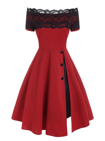 [41% OFF] Off Shoulder Lace Panel Front Slit Prom Dress | Rosegal