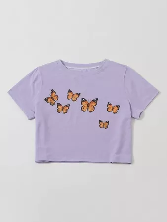 Butterfly Print Crop Tee | SHEIN USA lilac