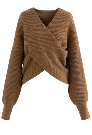 Crisscross Ribbed Knit Crop Sweater in Caramel - Retro, Indie and Unique Fashion