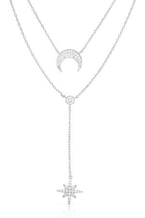 Sphera Milano | 14K White Gold Plated Sterling Silver CZ Moon & Star Double Layered Necklace | Nordstrom Rack