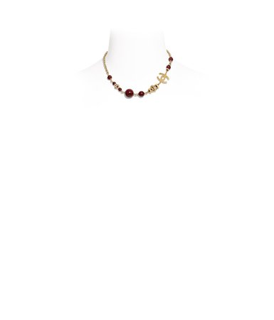 Necklace, metal, glass pearls, imitation pearls & strass, gold & red - CHANEL