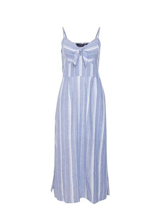 Blue and White Stripe Tie Front Midi Dress With Linen | Dorothy Perkins