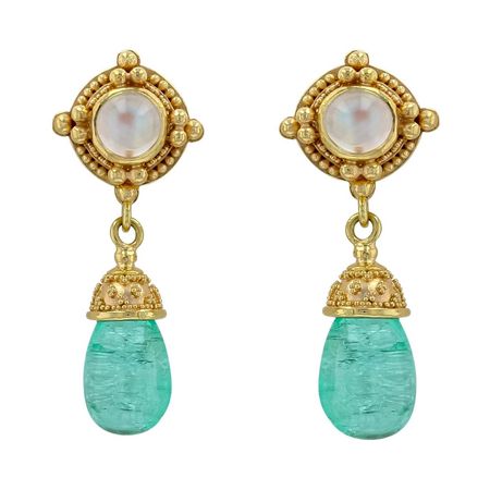 Kent Raible 18 Karat Gold Moonstone Dangle Earrings with Emerald and Granulation For Sale at 1stDibs