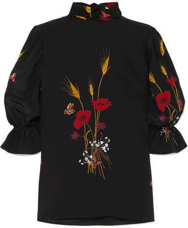 Floral-print Silk Crepe De Chine Turtleneck Blouse - Black
