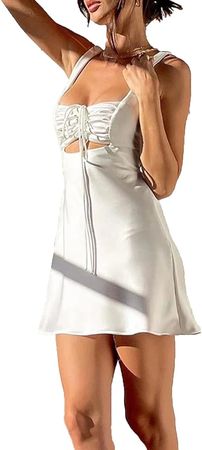 Amazon.com: FOMOYUU Women's Sexy Satin Mini Dress Sleeveless Spaghetti Backless Solid Mini Dresses : Clothing, Shoes & Jewelry