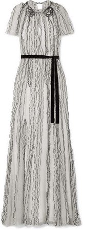 Collection - Belted Ruffled Polka-dot Silk-crepon Gown - White