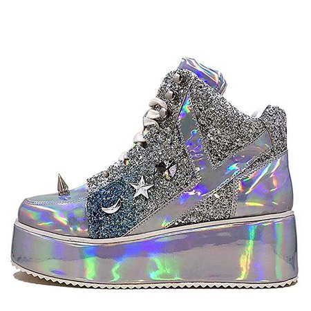 Amazon.com | YRU Qozmo Low Cyber Unicorn Platform Hologram Silver | Fashion Sneakers