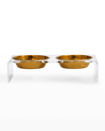 HIDDIN Small Clear Double Dog Bowl Feeder with 1 Pint Gold Bowls | Horchow