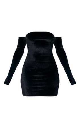 Black Velvet Bandeau Thumbhole Detail Bodycon Dress | PrettyLittleThing USA