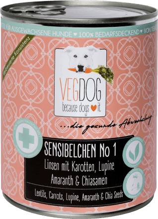 VegDog Nassfutter für Hunde, Sensibelchen No 1, Linsen mit Karotten, Lupine, Amaranth & Chiasamen, 800 g dauerhaft günstig online kaufen | dm.de
