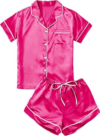 Verdusa Women's 2pc Satin Nightwear Button Front Sleepwear Short Sleeve Pajamas Set Hot Pink at Amazon Women’s Clothing store