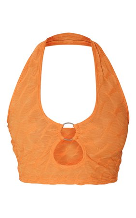 Orange Textured O-Ring Halterneck Crop Top | PrettyLittleThing USA