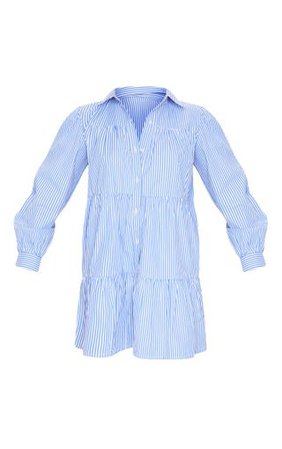 Blue Stripe Long Sleeve Tiered Shirt Dress | PrettyLittleThing USA