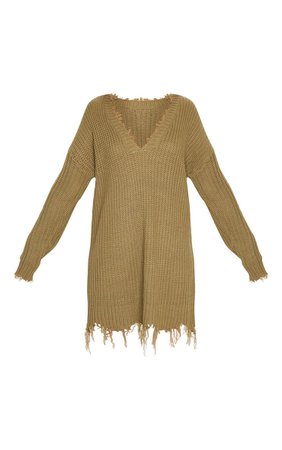 Khaki Fringe Hem Knitted Sweater Dress | PrettyLittleThing USA