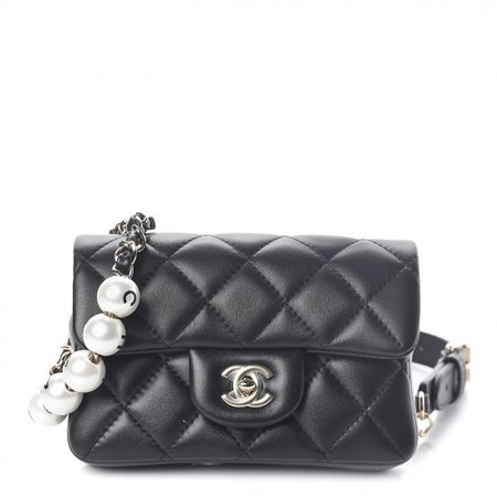 CHANEL Lambskin Quilted Pearl Flap Waist Bag Black 514343