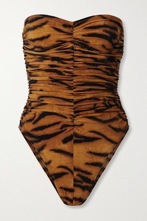 Slinky Marissa Ruched Tiger-print Bandeau Swimsuit - Brown