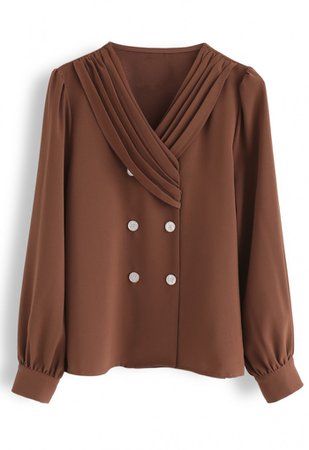 Pleated Neck Double Breasted Smock Top in Caramel - TOPS - Retro, Indie and Unique Fashion