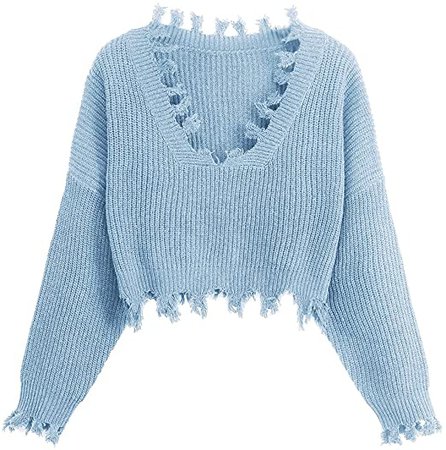 ZAFUL Women's Loose Long Sleeve V-Neck Ripped Pullover Knit Sweater Crop Top (A-Blue, One Size) at Amazon Women’s Clothing store