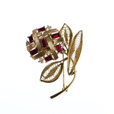Vintage 1940s Red Rhinestone Flower Brooch, Pin, Clear Rhinestones, Go - Vintage Meet Modern