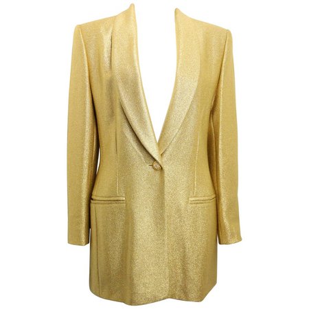 Vintage 80s Escada Couture Gold Toned Metallic Shinny Shawl Blazer For Sale at 1stdibs