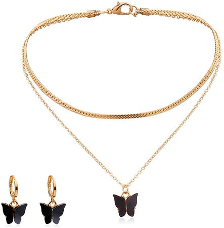 Amazon.com: Une Douce Butterfly Necklaces and Earrings Set for Women, 18k Gold Plated Dainty Butterfly Choker Necklace, Butterfly Layered Chain Necklace, Jewelry for Women and Girls with Gift Box (Jet Black): Clothing