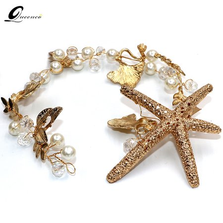 The New Tiara Bridal Hair Accessories Starfish Headband Hair Clip Bride Handmade Tiaras Soft Pearl Hair Jewelry Headpiece-in Hair Jewelry from Jewelry & Accessories on AliExpress