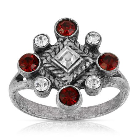 Pewter Red & Crystal Diamond Shaped Ring