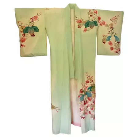 Pale Apple Green Fancy Japanese Silk Floral Kimono with gold - Imperfect For Sale at 1stDibs