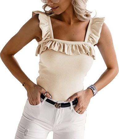 Womens Sleeveless Tank Tops Ruffle Strap Square Neck Solid Color Camisoles Tops Pink at Amazon Women’s Clothing store