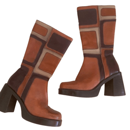 Vintage Orange and Brown Patchwork Heeled Boots