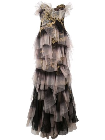 Marchesa Embroidered Ruffle Panel Gown
