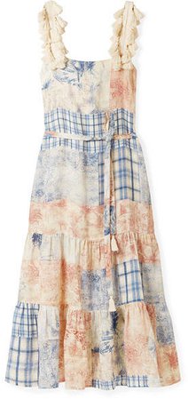Tasseled Patchwork Printed Linen Maxi Dress - Sky blue