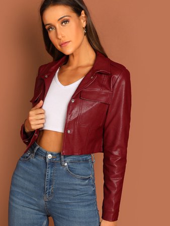 Pocket Front Crop Faux Leather Jacket | SHEIN
