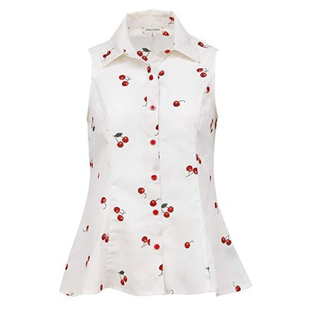 Urban Diction Cherry Fruit Sleeveless Button up Collared Blouse (White, Medium) at Amazon Women’s Clothing store:
