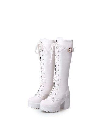 White lace up high heel combat boots