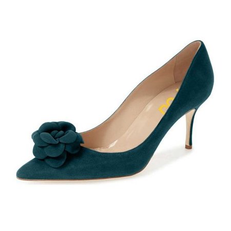 Teal Suede Shoes Pointy Toe Stiletto Heel Pumps with Flower