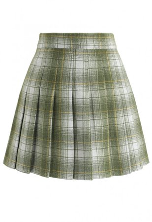 Plaid Pleated Wool-Blend Mini Skorts in Green - Skirt - BOTTOMS - Retro, Indie and Unique Fashion