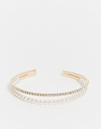 ASOS DESIGN cuff bracelet with pearl and crystal multirow in gold tone | ASOS