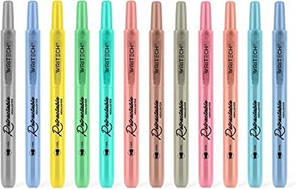 Writech Retractable Highlighters Assorted Colors: Chisel Tip Click Aesthetic Highlighter Marker Pens Pack Multi Colored Ink No Bleed Smear for Highlighting Journaling (12ct Mild+Vintage)