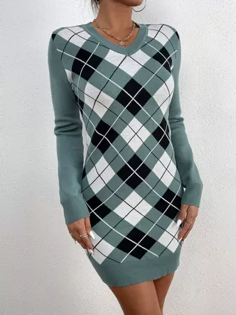 Argyle Pattern Bodycon Sweater Dress | SHEIN USA