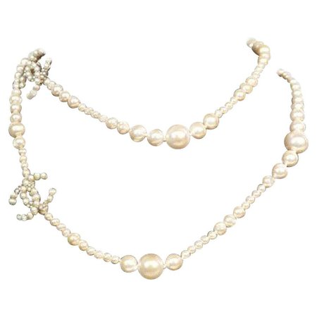 coco mark Costume Pearl long metal necklace For Sale at 1stdibs