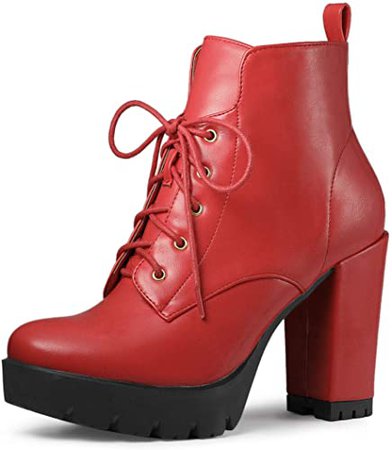 Amazon.com | Allegra K Women's Round Toe Chunky Heel Lace Up Red Platform Boots 9 M US | Ankle & Bootie