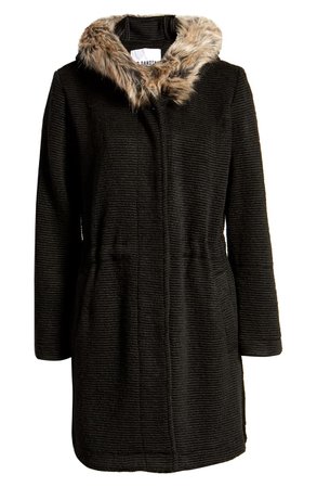 BB Dakota Hooded Coat with Faux Fur Trim black
