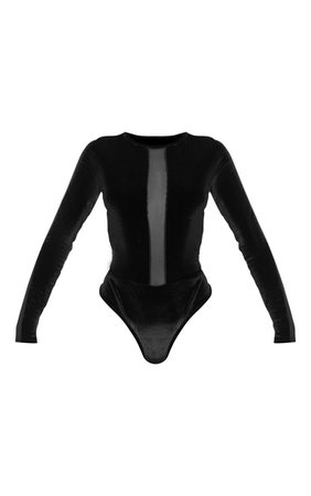 Black Velvet Long Sleeve Mesh Bodysuit | Tops | PrettyLittleThing USA