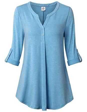 UXELY Women's 3/4 Cuffed Sleeve Shirt Casual V Neck Pleated Flowy Loose Fit Swing Tunic Tops at Amazon Women’s Clothing store: